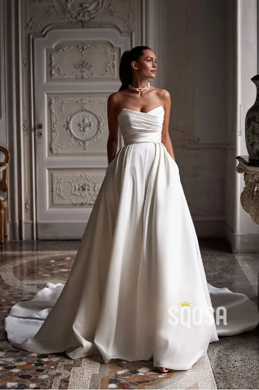 Mega Sale vintage-inspired dressA line Strapless Satin Pleats Elegant Wedding Dress with Pockets QW2228