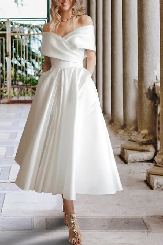 Weekend Special winter dressBridal Shower Little White Wedding Dress Off the Shoulder Tea Length Satin Bridal Gown QW2382