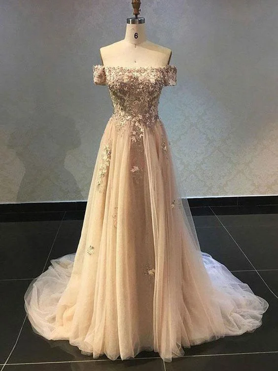 Fantastic Offers Sparkly Prom Dresses Off-the-shoulder Beading Long Aline Tulle Lace Prom Dress JKL1526
