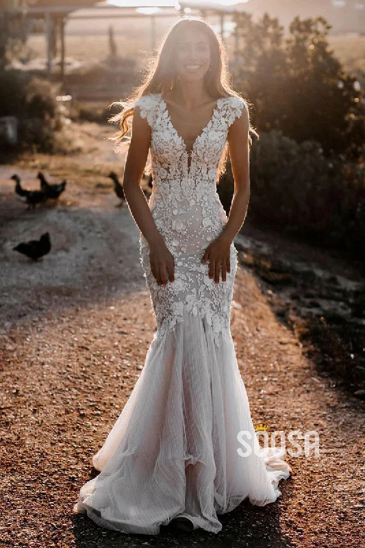 Price Smash modern dressPlunging V-Neck Romantic Lace Wedding Dress Bohemian Mermaid Bridal Gown QW2162
