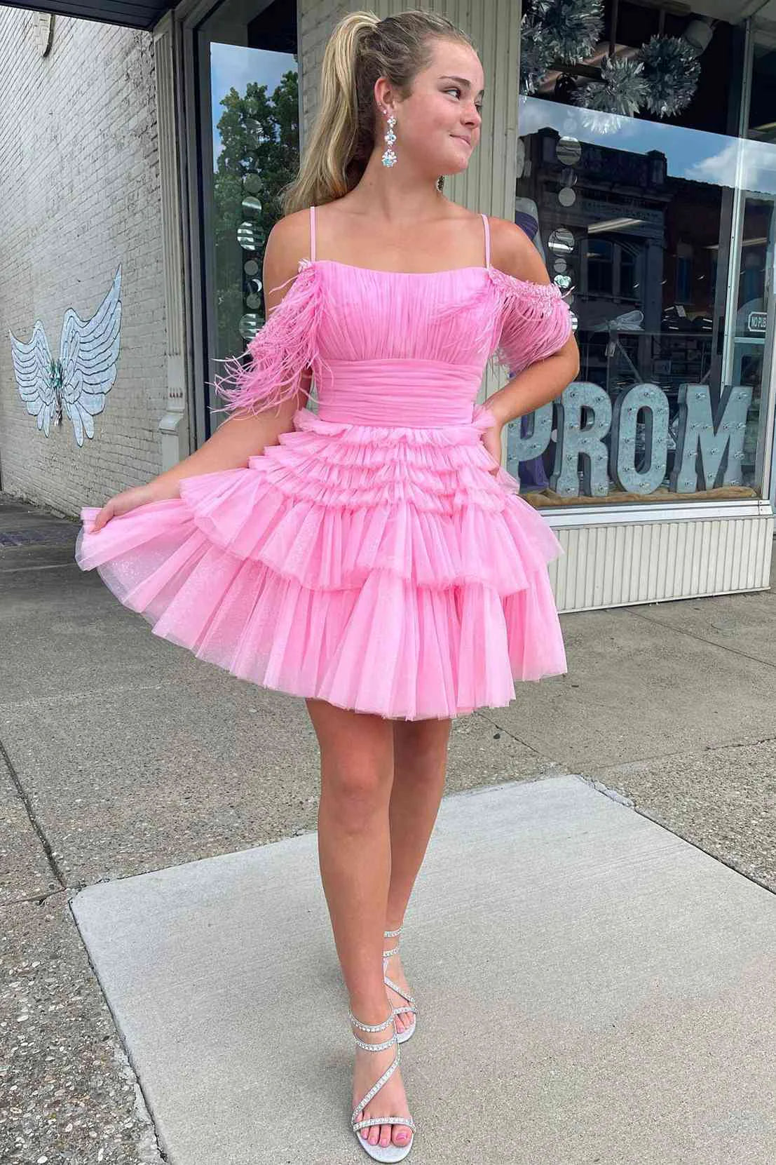 Daily Specials ashionable dressChic Tulle A-Line Off-Shoulder Beaded Feathers Homecoming Dress