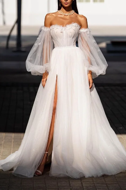 Deep Discounts oversized dressA Line Sweetheart Hall Casual Wedding Dress with Sleeves Appliques Bridal Gowns QW2585