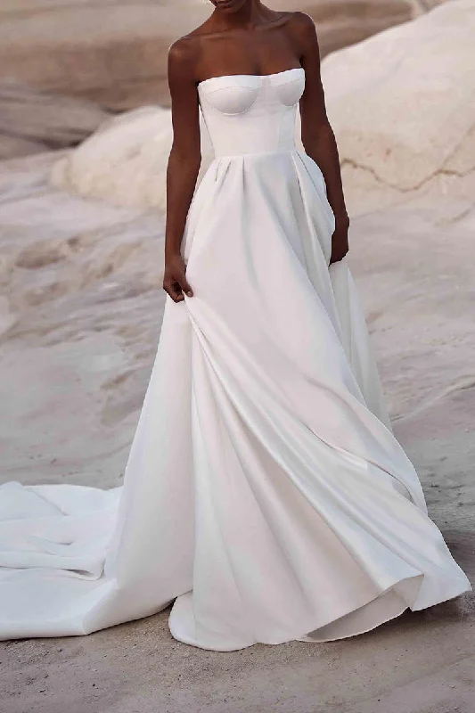 Act Fast ruffle dressA Line Strapless White Satin Wedding Dress with Court Train QW2392