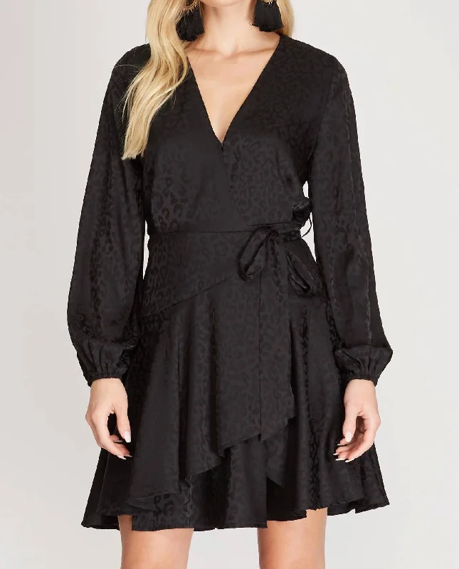 Best Deals cocktail dressLeopard Satin Jacquard Wrap Dress With Flare Hem In Black
