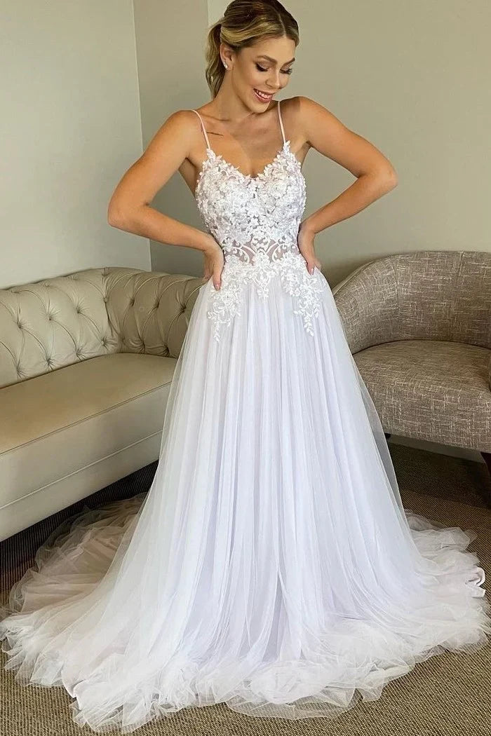 Bargain Prices romantic dressV-Neck Spaghetti Straps A-Line Wedding Dress With Appliques