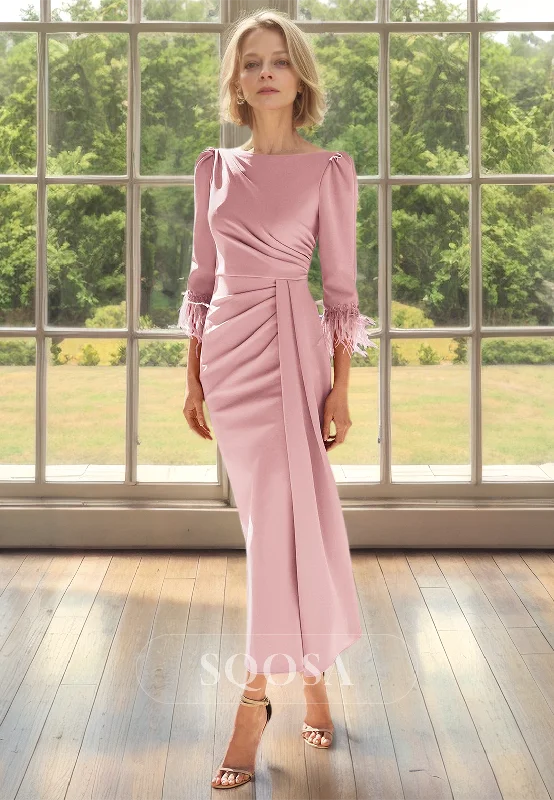 Price Smash sleek midi dressFringed Half-Sleeves Scoop-Neck Mermaid Mother of the Bride Dress Pleated Satin Midi Cocktail Gowns