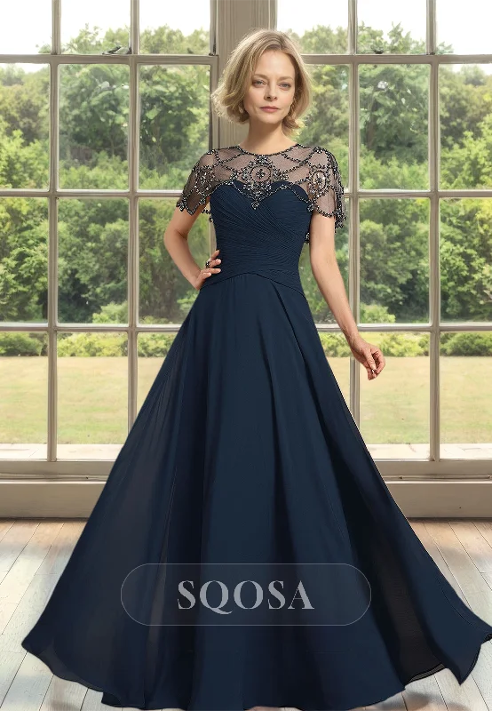 Lowest Price formal dressScoop-Neck Short-Sleeves Satin A-Line Mother of the Bride Dress Pleated Beaded Cutout Cocktail Gowns