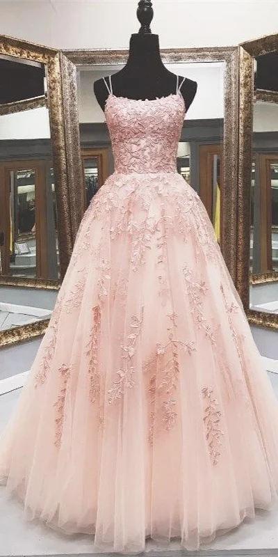 Great Deals Lace Appliques Pink A LineTulle Long Prom Dresses With Straps