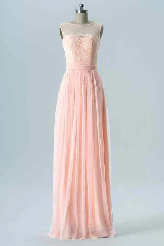 Final Markdown trendy dressBlushing Pink A-line Illusion Neck Lace Chiffon Long Bridesmaid Dress Final Markdown trendy dressBlushing Pink A-line Illusion Neck Lace Chiffon Long Bridesmaid Dress