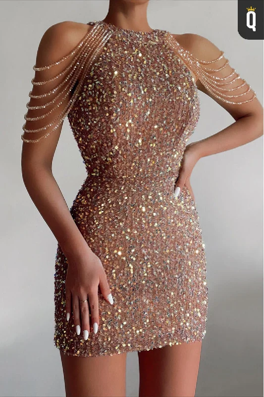 Year-End Sale fitted cocktail dressUnique Bateau Sequins Beads Sheath Homecoming Dress Short Party Dress QH0836