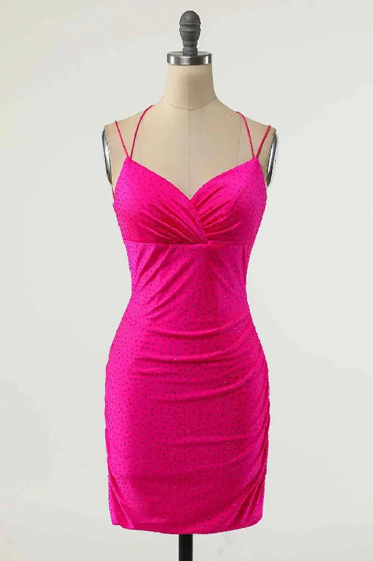 Customer Appreciation Sale long-sleeve floral dressFuchsia Sheath Double Straps Crossed Back Beaded Mini Homecoming Dress