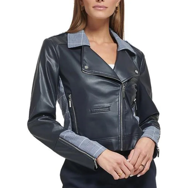 Crazy Savings faux fur coatWomens Plaid Trim Long Sleeve Motorcycle Jacket