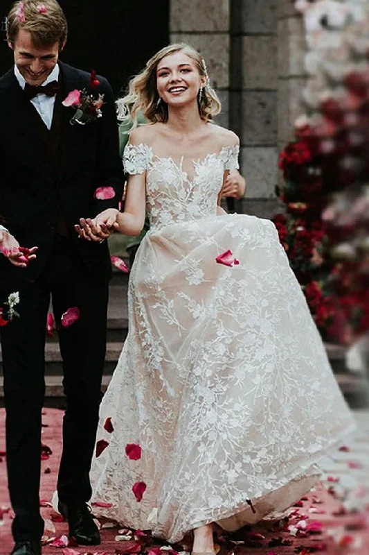 Midnight Sale Charming Off the ShoulderFloral Lace Bridal Gown Princess White Aline Wedding Dress