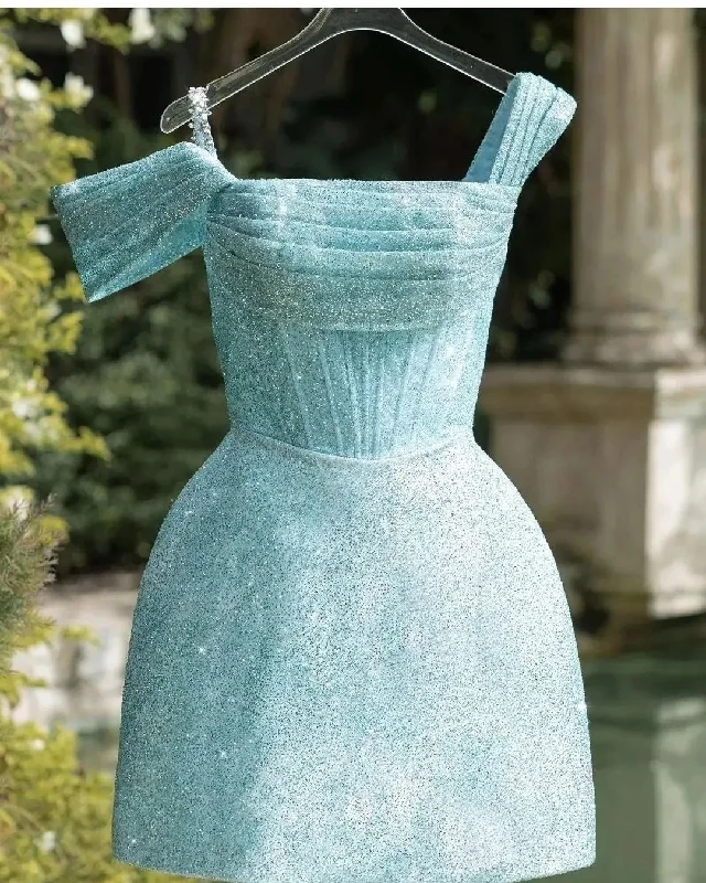 Buy More, Save More denim dressA-line Unique Straps Glitter Sleeveless Blue Cute Homecoming Dress QS2200