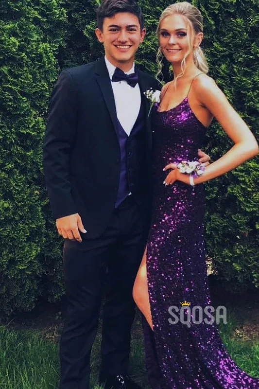 Hot Deal form-fitting dressPurple Sequins Spaghetti Straps Scoop Sheath/Column Prom Dress with Slit QP1315 Hot Deal form-fitting dressPurple Sequins Spaghetti Straps Scoop Sheath/Column Prom Dress with Slit QP1315