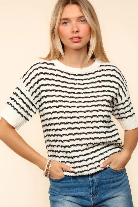 Special Offer sporty outerwearPLUS SHORT SLEEVE STRIPE PATTERN SWEATER KNIT TOP