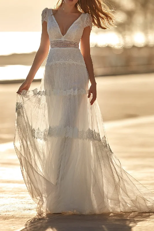 Today’s Special flowy dressA Line V Neck Short Sleeves Romantic Lace Boho Wedding Dress QW2080