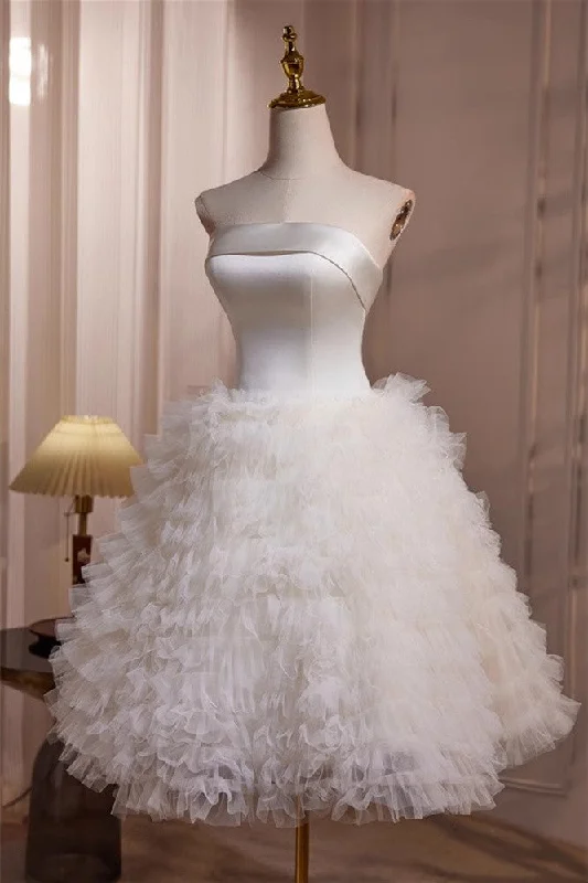 Best Deals comfy dressWhite Satin Tulle Straps Short Homecoming Dress Party Dress