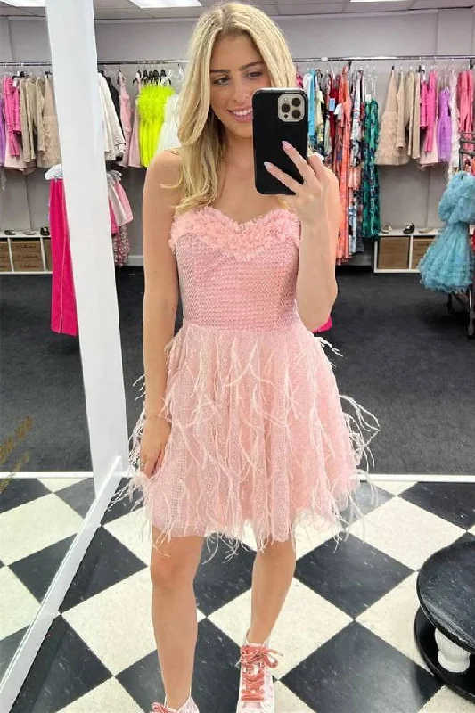 Year-End Sale spaghetti strap dressSweetheart Pink Grid Short homecoming Dress with Feathers