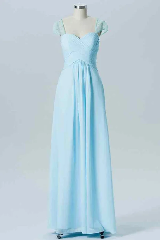 Price Cut sleek midi dressLight Blue A-line Sheer Cap Sleeves Pleated Chiffon Long Bridesmaid Dress