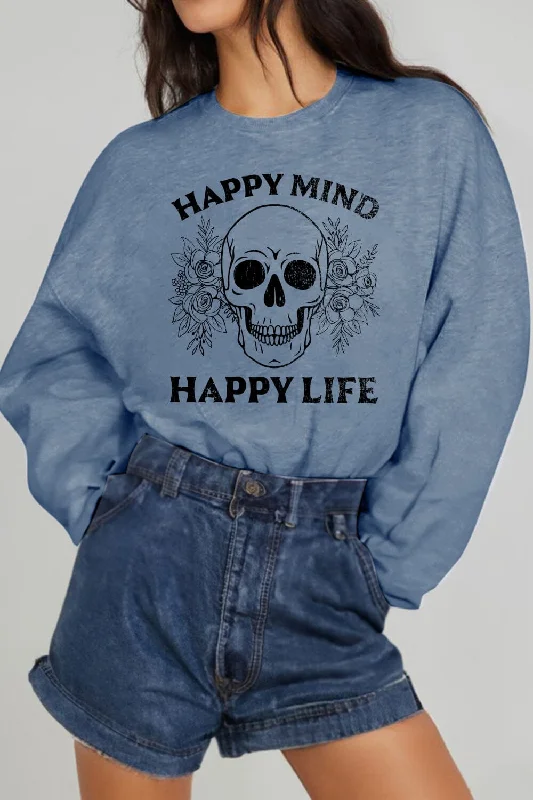 New Arrival luxe gym hoodieHAPPY MIND HAPPY LIFE SKULL Graphic Sweatshirt