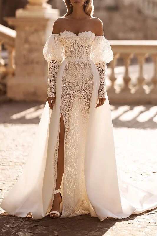 Best Deals fitted dressRoamtic Lace Wedding Dress with Detachable Skirt Sweetheart Long Sleeves Bridal Gown QW0824