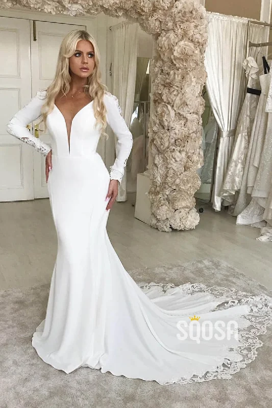 Doorbuster Deal sleeveless dressMermaid/Trumpet Wedding Dress Attractive V-neck Long Sleeves Rustic Wedding Gown QW2278