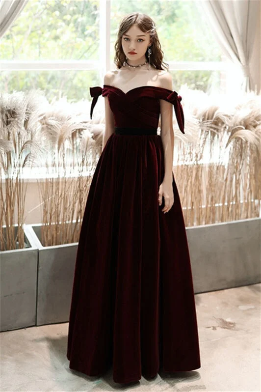 Great Deals one-shoulder dressBurgundy Velvet Off the Shoulder Evening Dress