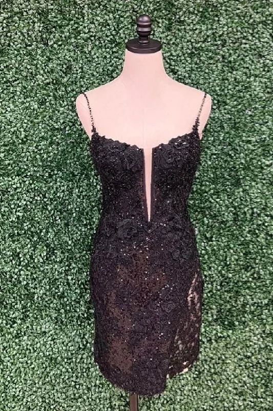 Markdowns lace dressBlack Straps Sequined Sheath Appliques Homecoming Dress