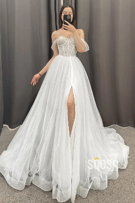 Unbeatable Prices playful dressA-line Off the Shoulder Beads High Split Rustic Wedding Dress QW2416 Unbeatable Prices playful dressA-line Off the Shoulder Beads High Split Rustic Wedding Dress QW2416
