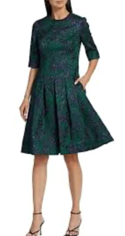 Quick Sale v-neck dressJacquard Fit Flare Dress In Green/navy