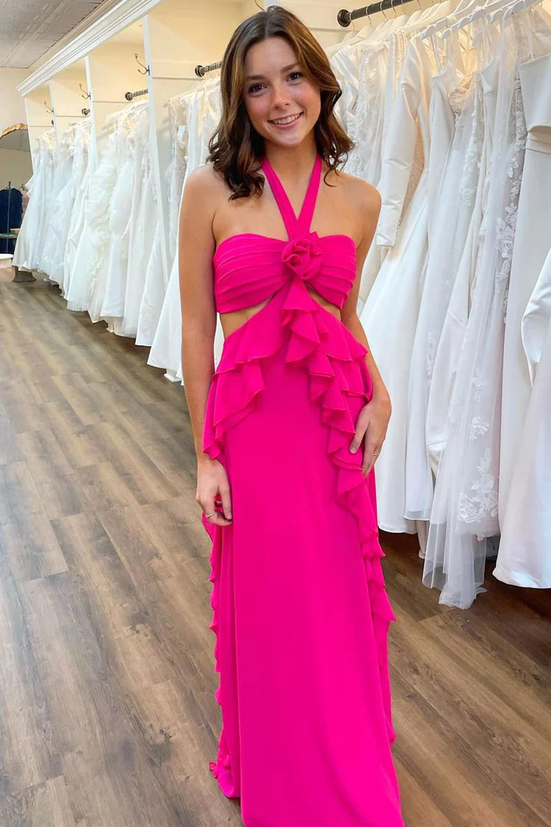 Don't Wait sleek dressSexy Satin Fitted Halter Empire Ruffled Prom Dress