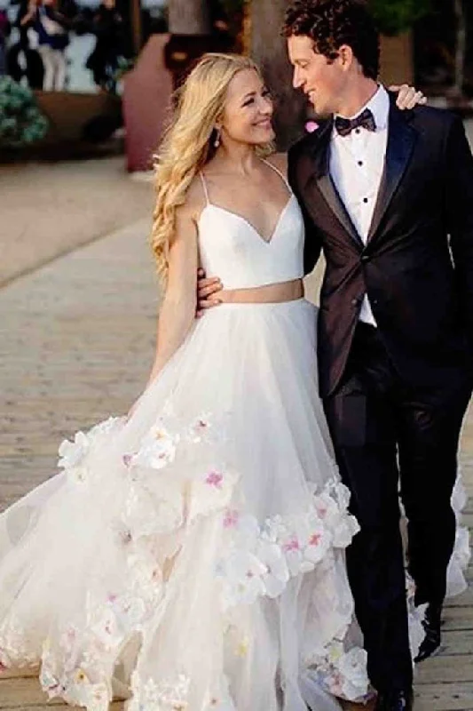 New Arrival Stylish A-Line Two Piece Spaghetti Tulle Long Prom dress with Flowers GJS245