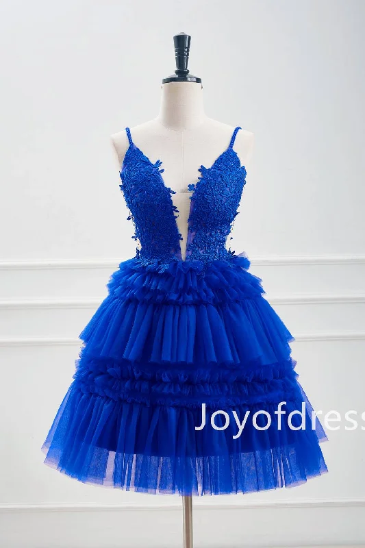 Hurry In puff sleeve dressPlunging Neck Royal Blue Corset A-Line Tiered Short Party Dress