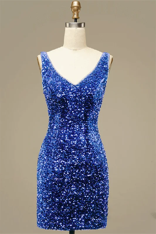 Today’s Deal wool dressRoyal Blue Sheath V Neck Straps Back Sequins Mini Homecoming Dress