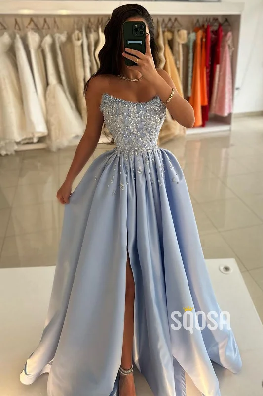 Closeout stylish dressA-Line Beaded Strapless Blue Satin Long Prom Dress With Slit Evening Gowns QP3165