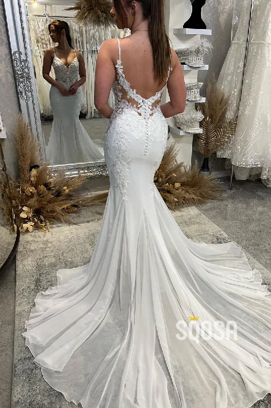 Quick Sale elegant evening dressSpaghetti Straps Lace Appliques Mermaid Wedding Dress QW2597