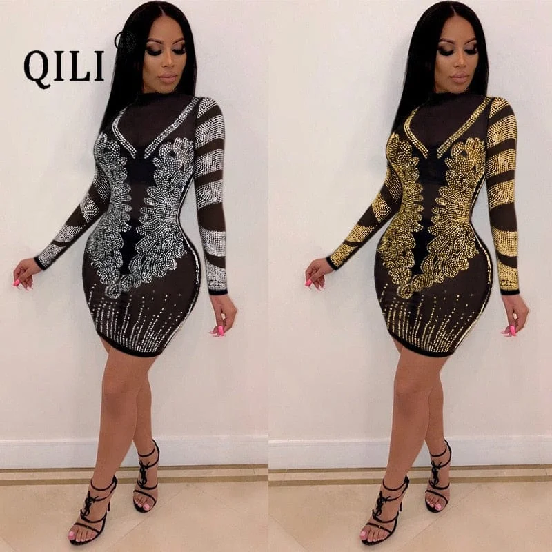 Hurry In sporty jacketQILI Black Gold Diamonds Dress for Womens Sexy See Through Mesh Rhinestone Long Sleeve Dresses Party Club Short Dress Mini