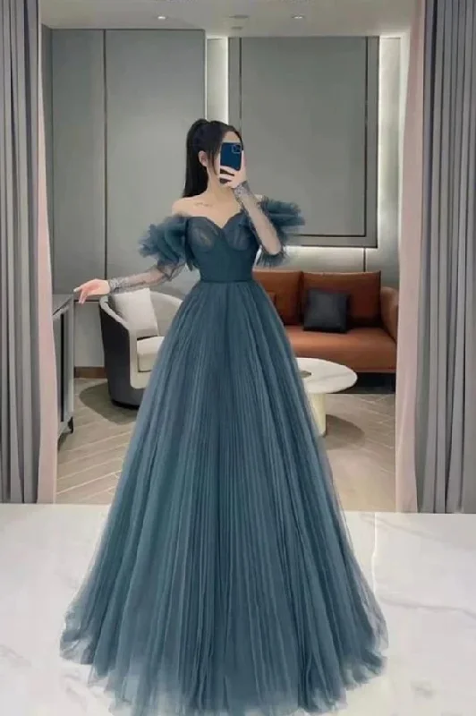 Special Price casual shift dressBlue tulle long prom dress A line evening dress Y190