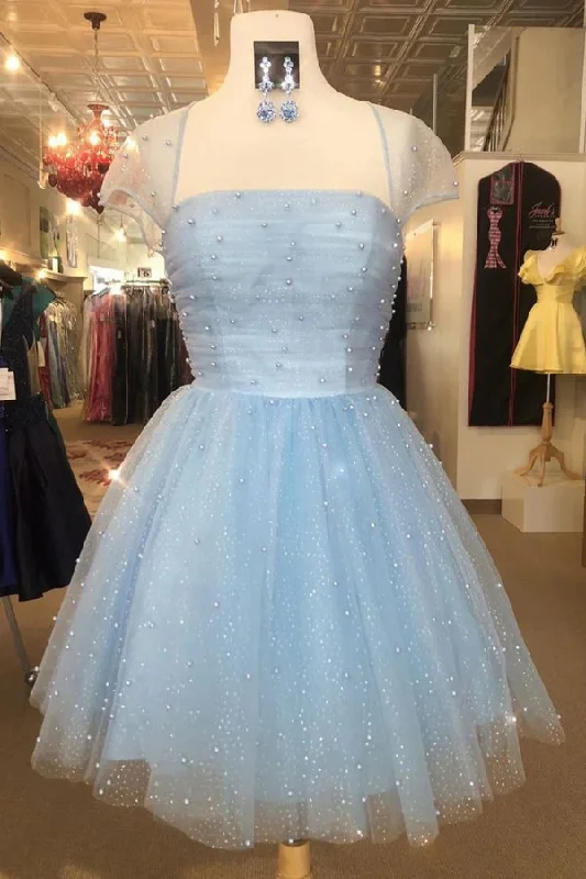 Extra Savings backless dressLight Blue Sparkly Short Sleeves Tulle Prom Dress Homecoming Dress