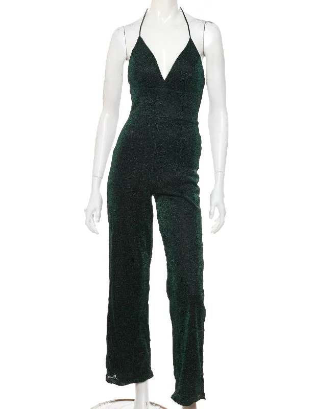Massive Deals everyday winter coatLurex Thread Pattern Halterneck Dark Green Jumpsuit - M