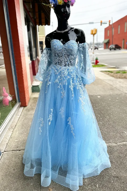 Sneak Peek Sale formal dressBlue Floral Lace Sweetheart A-Line Prom Dress with Sleeves Y4029