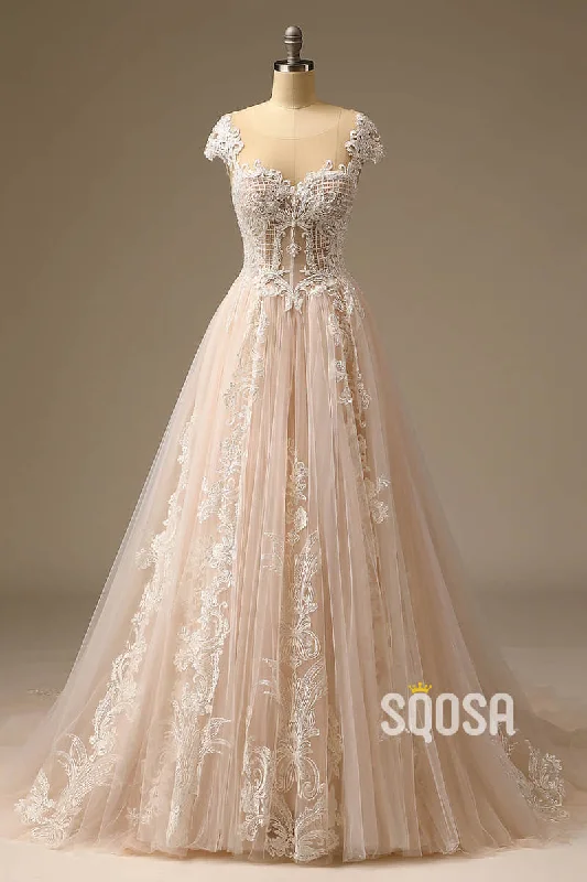 Mega Sale backless dressExquisite Lace Wedding Dress Unique Cap Sleeves A-line Wedding Gown QW2503
