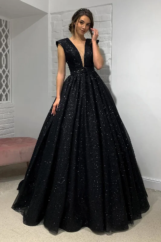 Super Bargain vintage-inspired dressPlunging V-Neck Black Sparkly Prom Dress QP0839 Super Bargain vintage-inspired dressPlunging V-Neck Black Sparkly Prom Dress QP0839