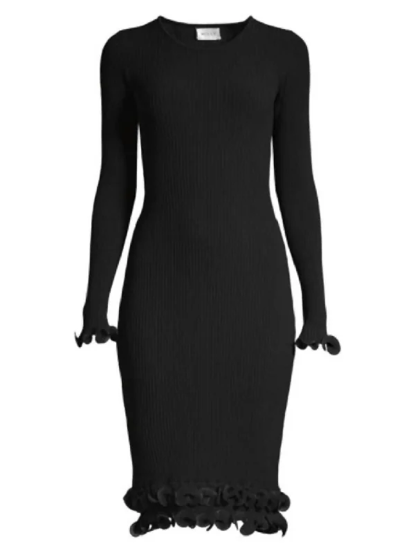 Limited Time Discount elegant evening dressWomen's Wired Edge Long Sleeve Ribbed Fitted Bodycon Dress In Black