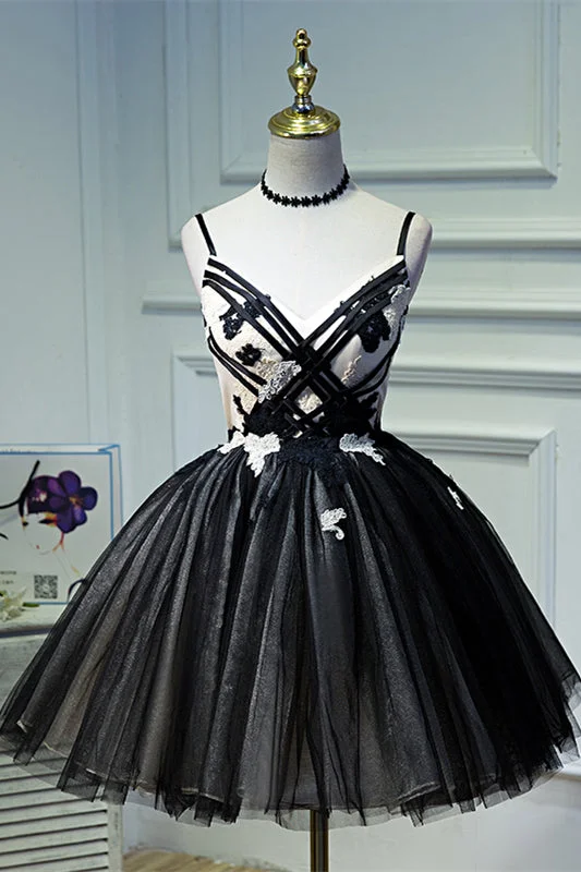 New Markdowns romantic dressBlack V Neck Straps Appliques Tulle Homecoming Dress
