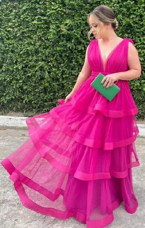 Bargain Bin stylish party dressA-line V Neck Tulle Layered Prom Dress  Y4053