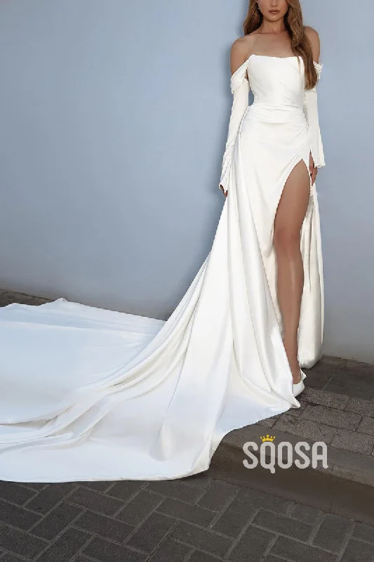 Lowest Price lace-up dressOff-Shoulder Long Sleeve Empire Pleats With Side Slit Wedding Dress QW8135