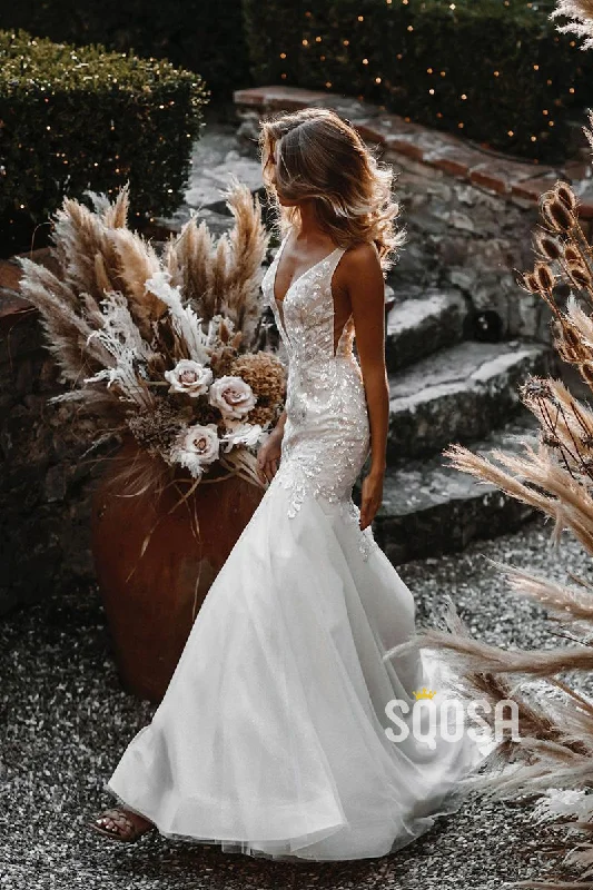 Best Seller summer floral dressPlunging V-neck Lace Appliques Mermaid Wedding Dress Bridal Gown QW2635