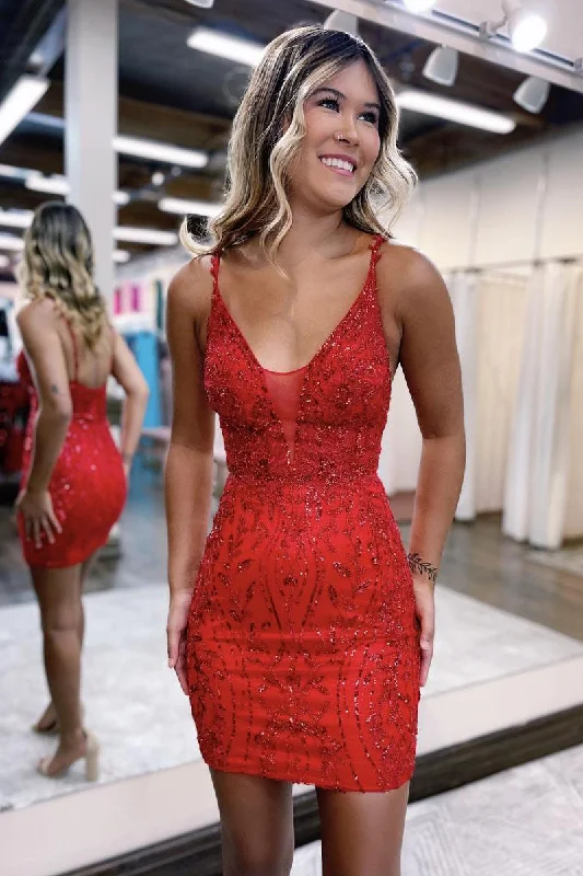 Exclusive Savings vintage dressSexy V neck Lace Appliques Short Homecoming Dress Tight Graduation Dress QH2376